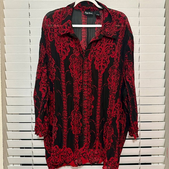 Maggie Barnes Tops - Maggie Barnes Red Black Damask Scroll Print Chiffon Blouse Plus Size 4X 30/32W